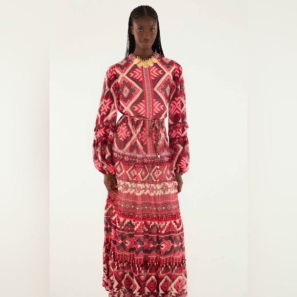FARM Rio Dresses & Skirts - Farm Rio: Red Graphic Ainika Belted Tiered
Maxi Dress